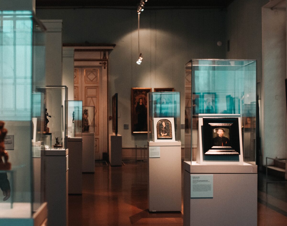Hall with museum display cabinets
