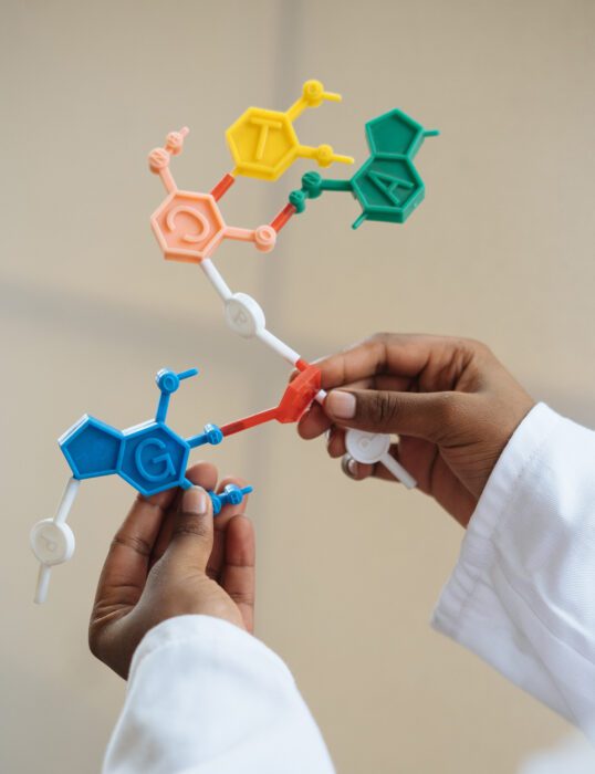 Two hands piecing together plastic pieces representing molecules